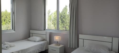 two beds in a room with two windows at Kiti Village Villa Larnaca, salt-water pool, 5 bedrooms in Kiti