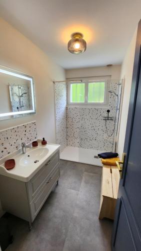 een badkamer met een bad, een wastafel en een douche bij Le gîte du peintre in Entrains-sur-Nohain