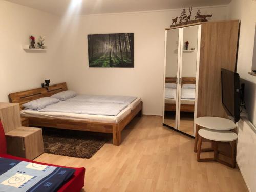 a bedroom with a bed and a cabinet and a television at Ferienwohnung TOBI in Bad Dürrheim