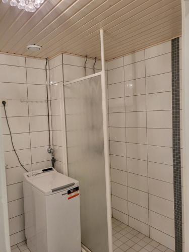 ein Badezimmer mit einem kleinen Kühlschrank und einer Dusche in der Unterkunft Apartment Lainaankatu in Rovaniemi
