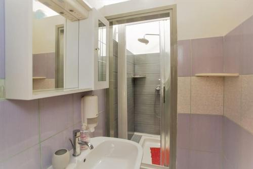 羅維尼的住宿－Apartman Den,Rovinj oaza u centru grada，白色的浴室设有水槽和淋浴。
