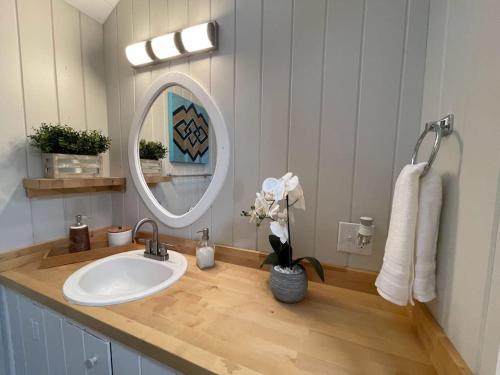 La salle de bains est pourvue d'un lavabo et d'un miroir. dans l'établissement Cheerful 1 Bedroom Cottage Close to Everything 5, à Edgecomb