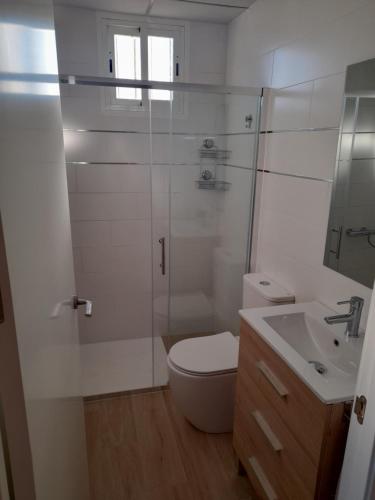 a bathroom with a shower and a toilet and a sink at Apartamentos playa de bellreguard,gandia,oliva,denia,benidorm in Bellreguart
