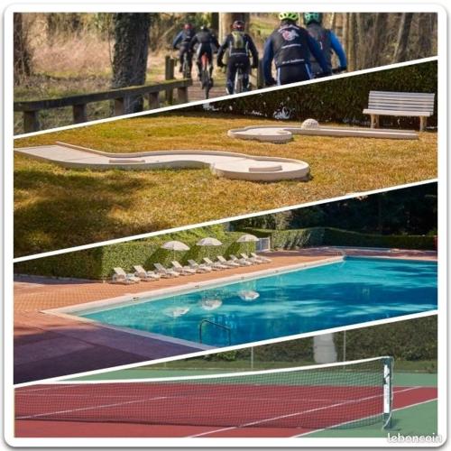 un collage de trois photos d'une piscine dans l'établissement Camping Marvilla Parks -Parc des roches 91530, à Saint-Chéron
