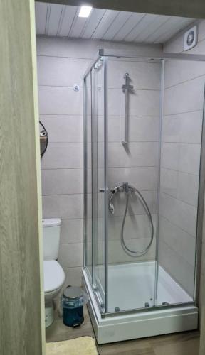 a shower with a glass door in a bathroom at Apartmani 2 SS with jacuzzi bath in Ohrid