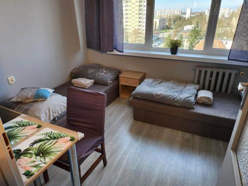 mały pokój z 2 łóżkami i oknem w obiekcie Atlas Arena Apartament w Łodzi