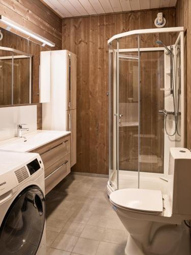 a bathroom with a shower and a toilet and a sink at Fjellsætra Alpegrend in Sykkylven