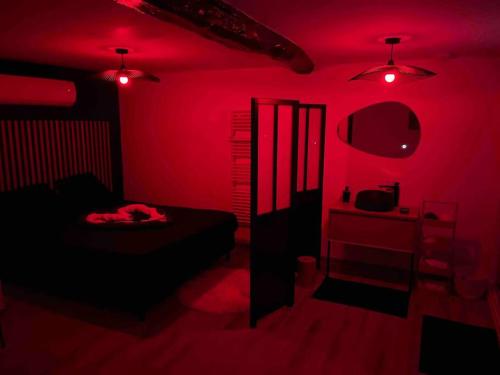 um quarto vermelho com uma cama e um espelho em L’insolite airbnb em Vignieu