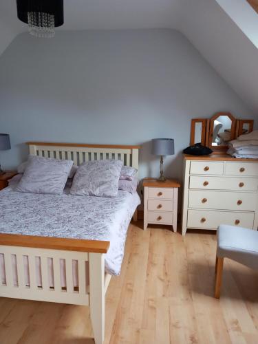 a bedroom with a bed and two dressers and a mirror at Larchlodge in Ennis