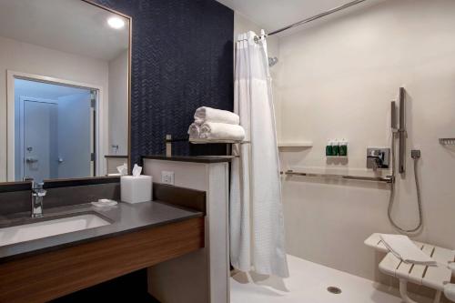 a bathroom with a shower and a sink and a toilet at Fairfield Inn & Suites by Marriott Chicago Bolingbrook in Bolingbrook