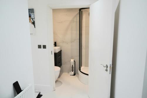 a white bathroom with a toilet and a shower at Phoenix Heights in London