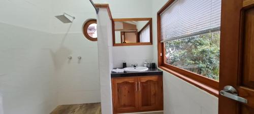 baño con lavabo, espejo y ventana en CASONA DE LOS VIRREYES, en Villa de Leyva