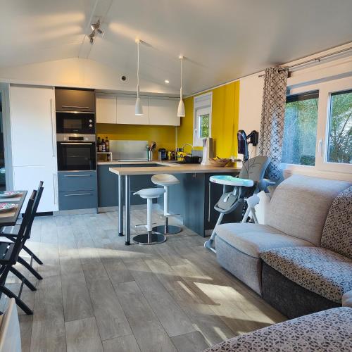 un salon avec un canapé et une cuisine dans l'établissement Le Colorful, à Dinard