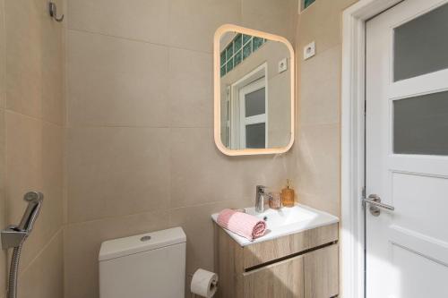 リスボンにあるNew Bright and Cozy Apartment in Graçaのバスルーム(トイレ、洗面台、鏡付)