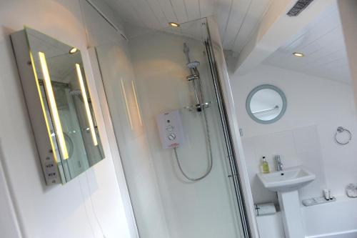 a bathroom with a shower and a sink at Ty Helyg Guest House in Brecon