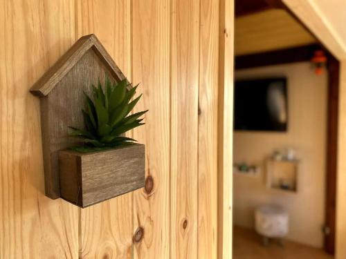 une boîte en bois avec une plante sur un mur dans l'établissement Chaleureux chalet en bord de mer, à Merville-Franceville-Plage