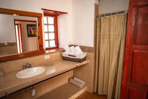a bathroom with a sink and a mirror and a shower at Cabaña Corazon de Calixto 