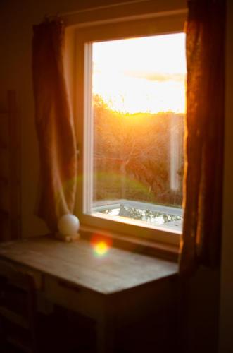 a window with a view of a field outside at Casale Le Pietre in Marta
