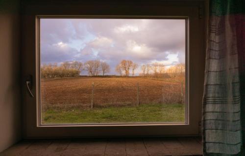 a window with a view of a field through it at Casale Le Pietre in Marta
