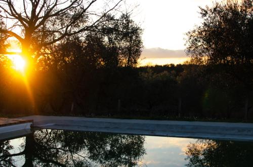 a sunset over a body of water with trees at Casale Le Pietre in Marta