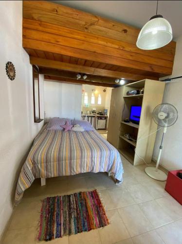 een slaapkamer met een bed in de hoek van een kamer bij Alquiler Santa Clara Del Mar in Santa Clara del Mar