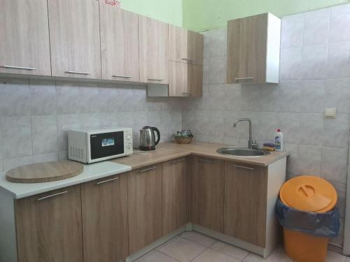 Il comprend une petite cuisine équipée d'un évier et d'un four micro-ondes. dans l'établissement Likehostel, à Kiev