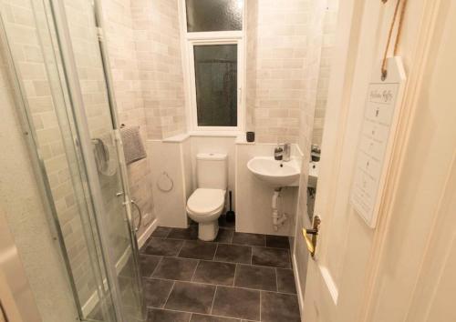 a small bathroom with a toilet and a sink at Small Cosy Studio Flat Near the Sea, Central Oban in Oban