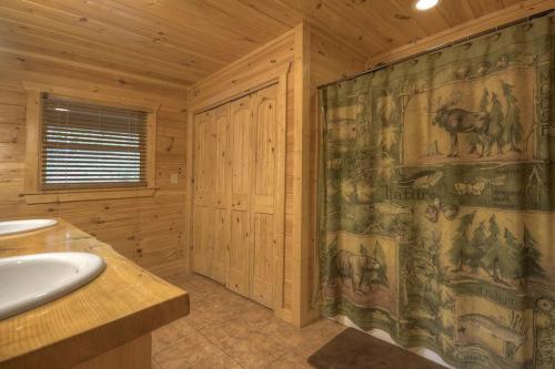 a bathroom with a shower curtain in a wooden cabin at Go Fish- Fightingtown Creek Frontage in McCaysville