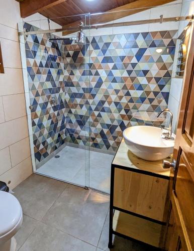 a bathroom with a sink and a shower at Mangifera Hostel in Grecia