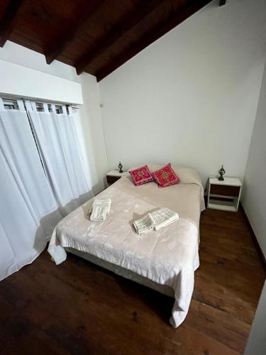 Un dormitorio con una cama con almohadas rojas. en Complejo Alberdi Depto 3 en Tandil