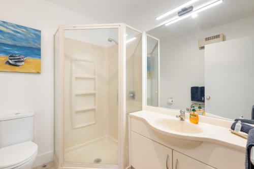 a bathroom with a shower and a sink and a toilet at Oceanside Marine Pde Magic in Mount Maunganui