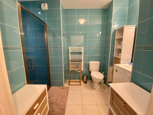 La salle de bains est pourvue de toilettes et de carrelage bleu. dans l'établissement Appartement central à Arcachon pour 2 personnes avec terrasse et parking - FR-1-474-38, à Arcachon
