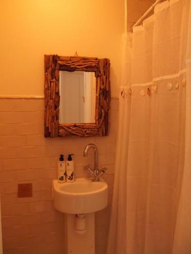 a bathroom with a sink and a shower with a mirror at Moon in the Apple Tree in Glastonbury