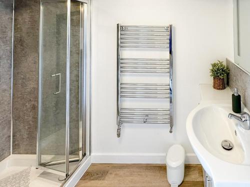 a bathroom with a shower and a sink at Cyll Y Felin Fawr 1 in Aberdaron