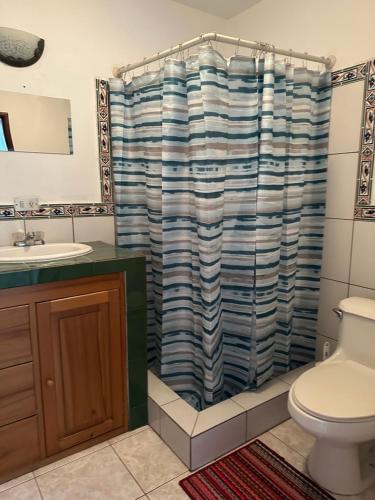 a bathroom with a toilet and a shower curtain at Casa Los Habitantes Antigua Guatemala in Antigua Guatemala