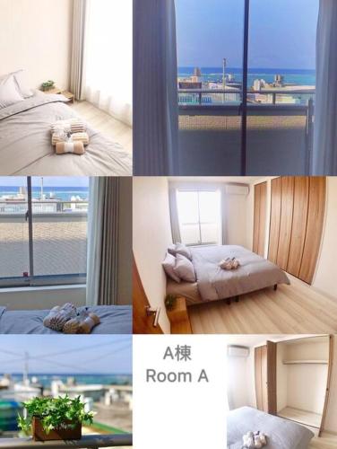 a collage of pictures of a room with a bed and a window at ZZOKIAI Premier Ou 奥武壹号A棟 奥武岛上能看见海的新建一户建 走到海滩只有1分钟 only 1 min walk to the beach in Shikenbaru