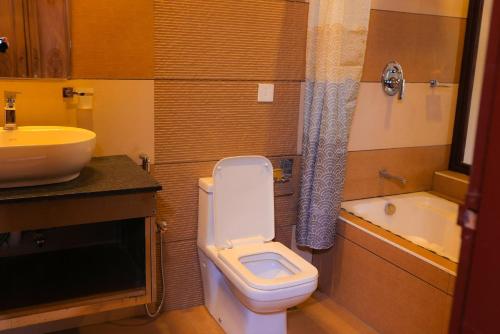 a bathroom with a white toilet and a sink at Heaven Inn Munnar in Munnar