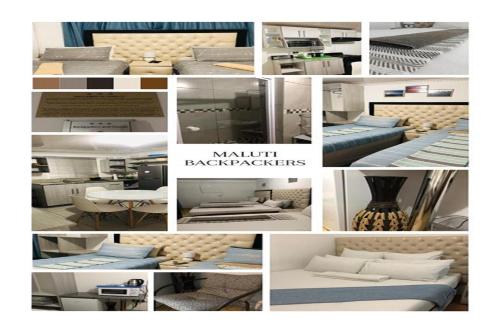 a collage of pictures of different beds and furniture at Maluti Backpackers in Phuthaditjhaba
