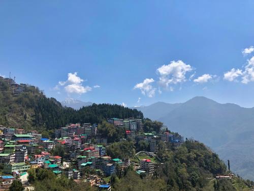 uma cidade numa colina com montanhas ao fundo em ALL SEASONS HOTEL em Gangtok