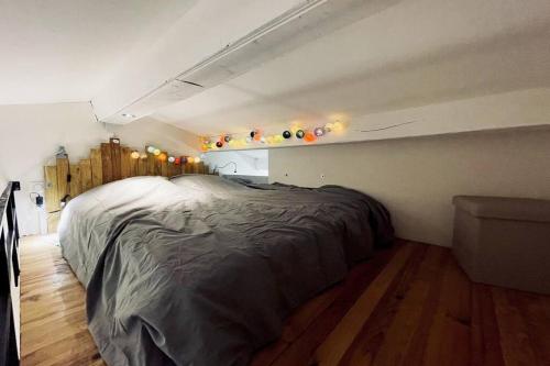 1 dormitorio con 1 cama en una habitación con suelo de madera en Studio azur, en Aigues-Mortes