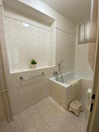 a white bathroom with a tub and a plant on the floor at Penzión Tiberia in Trenčín