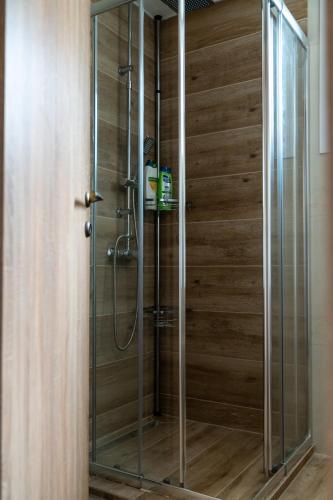 a glass shower in a bathroom with wooden walls at Sea View Volos in Volos