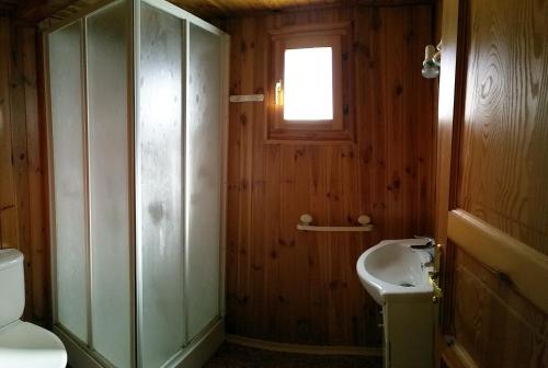 a bathroom with a shower and a toilet and a sink at Càmping - Bungalows La soleia d'Oix in Oix
