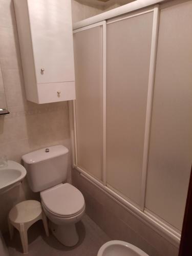 uma casa de banho com um WC branco e um lavatório. em HABITACIONES PENSION EL PARQUE em Sabiñánigo