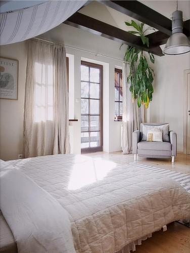 a bedroom with a large bed and a couch at FORMA Apartament Supraśl in Supraśl