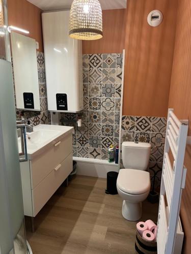 une salle de bain avec toilettes et lavabo dans l'établissement Le Scottish, à Camiers