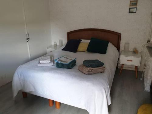 une chambre avec un lit avec des serviettes dessus dans l'établissement Maison en bord de Loire, à Bou
