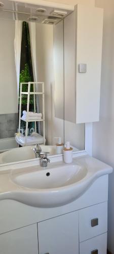 La salle de bains blanche est pourvue d'un lavabo et d'un miroir. dans l'établissement Résidence le safran, à Erdeven