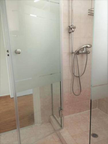 a shower with a glass door in a bathroom at Coastal Vibes Lagonisi in Kalívia Thorikoú