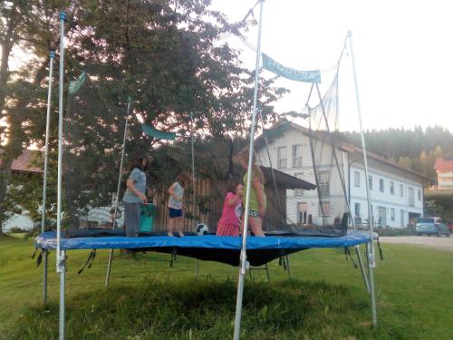 a group of children standing on top of a trampoline at Ferienhof Landhaus Michael in Böbrach